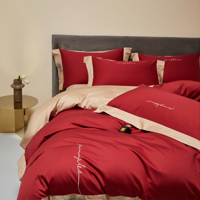 91家纺网 家纺一手货源 找家纺 咏绒家纺工厂店 2025新款100支澳棉纯棉CR工艺极简轻奢刺绣四件套-极光系列 极光-胭脂红