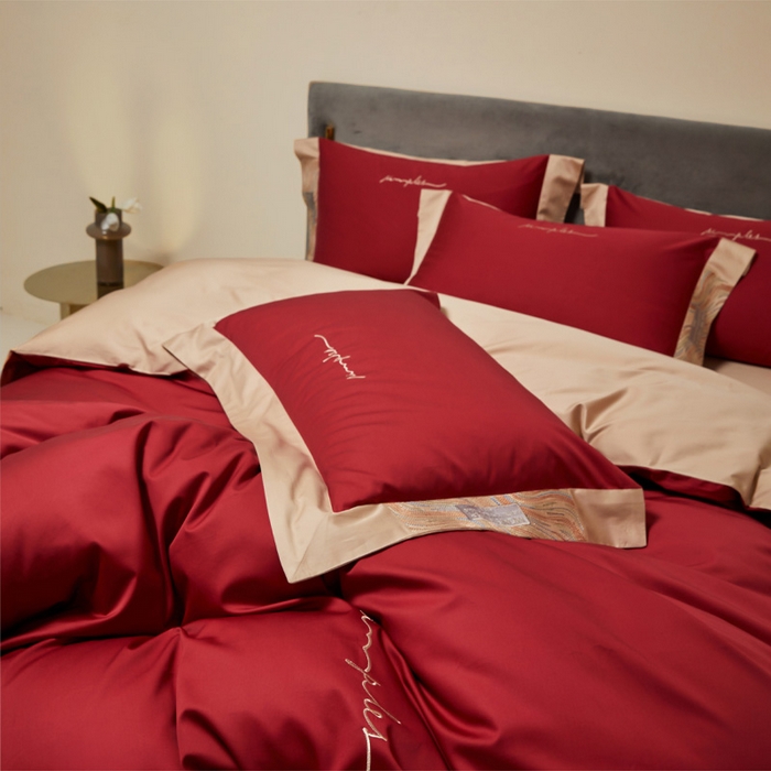 91家纺网 家纺一手货源 找家纺 咏绒家纺工厂店 2025新款100支澳棉纯棉CR工艺极简轻奢刺绣四件套-极光系列 极光-胭脂红