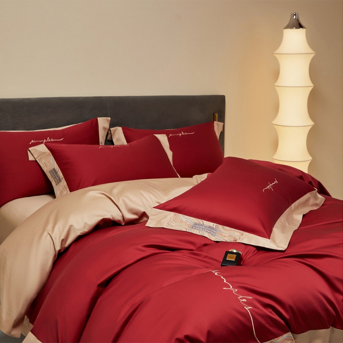 91家纺网 家纺一手货源 找家纺 咏绒家纺工厂店 2025新款100支澳棉纯棉CR工艺极简轻奢刺绣四件套-极光系列 极光-胭脂红