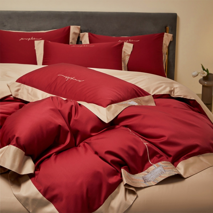 91家纺网 家纺一手货源 找家纺 咏绒家纺工厂店 2025新款100支澳棉纯棉CR工艺极简轻奢刺绣四件套-极光系列 极光-胭脂红