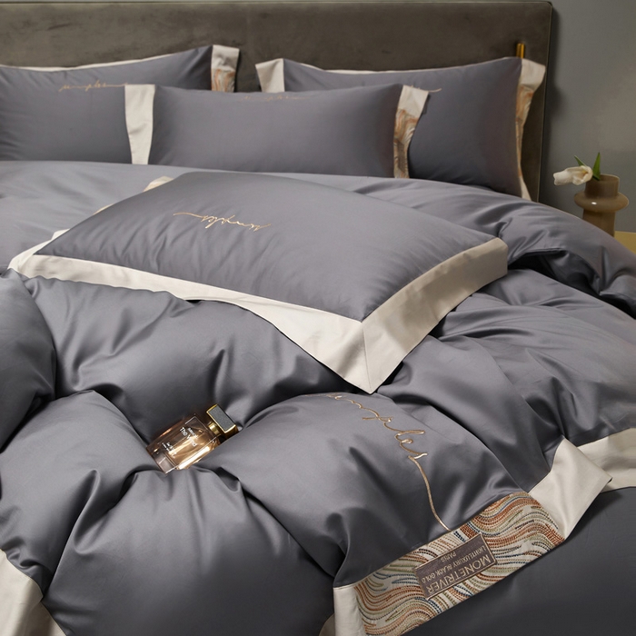 91家纺网 家纺一手货源 找家纺 咏绒家纺工厂店 2025新款100支澳棉纯棉CR工艺极简轻奢刺绣四件套-极光系列 极光-烟草灰