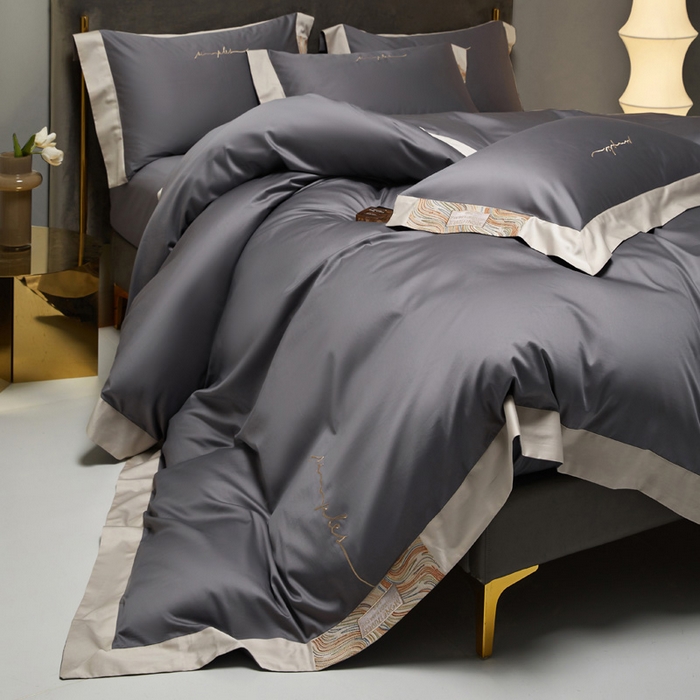 91家纺网 家纺一手货源 找家纺 咏绒家纺工厂店 2025新款100支澳棉纯棉CR工艺极简轻奢刺绣四件套-极光系列 极光-烟草灰