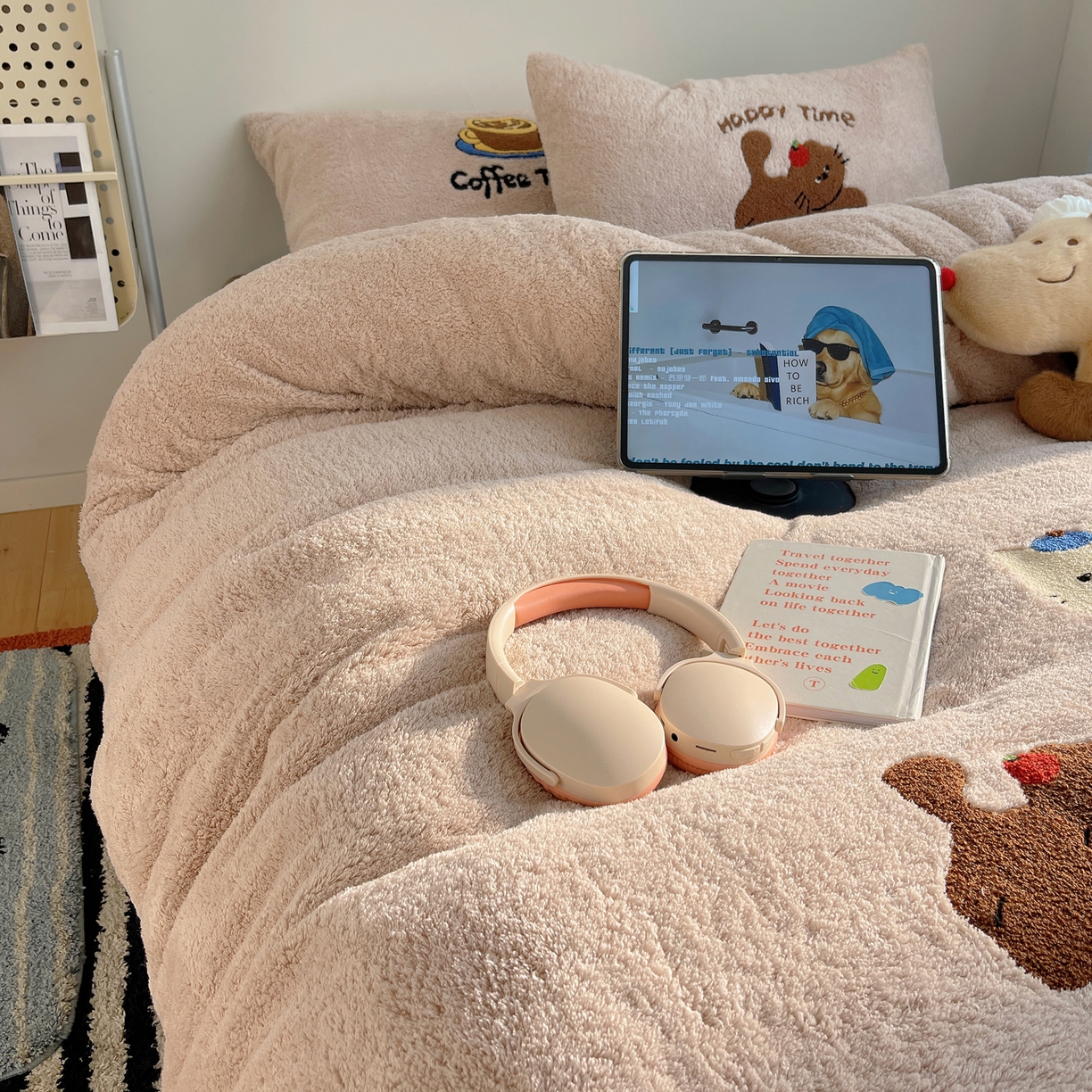 91家纺网 家纺一手货源 找家纺 觅糖家纺 2025新款双面泰迪绒卡通毛巾绣系列四件套 咖啡屋