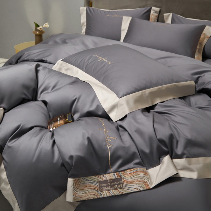 91家纺网 家纺一手货源 找家纺 咏绒家纺工厂店 2025新款100支澳棉纯棉CR工艺极简轻奢刺绣四件套-极光系列 极光-烟草灰