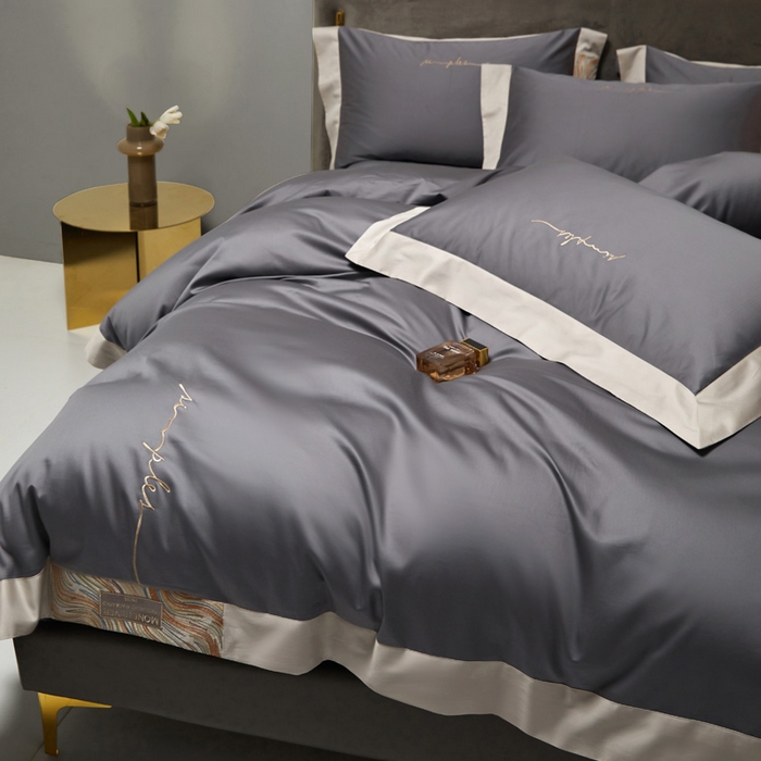 91家纺网 家纺一手货源 找家纺 咏绒家纺工厂店 2025新款100支澳棉纯棉CR工艺极简轻奢刺绣四件套-极光系列 极光-烟草灰