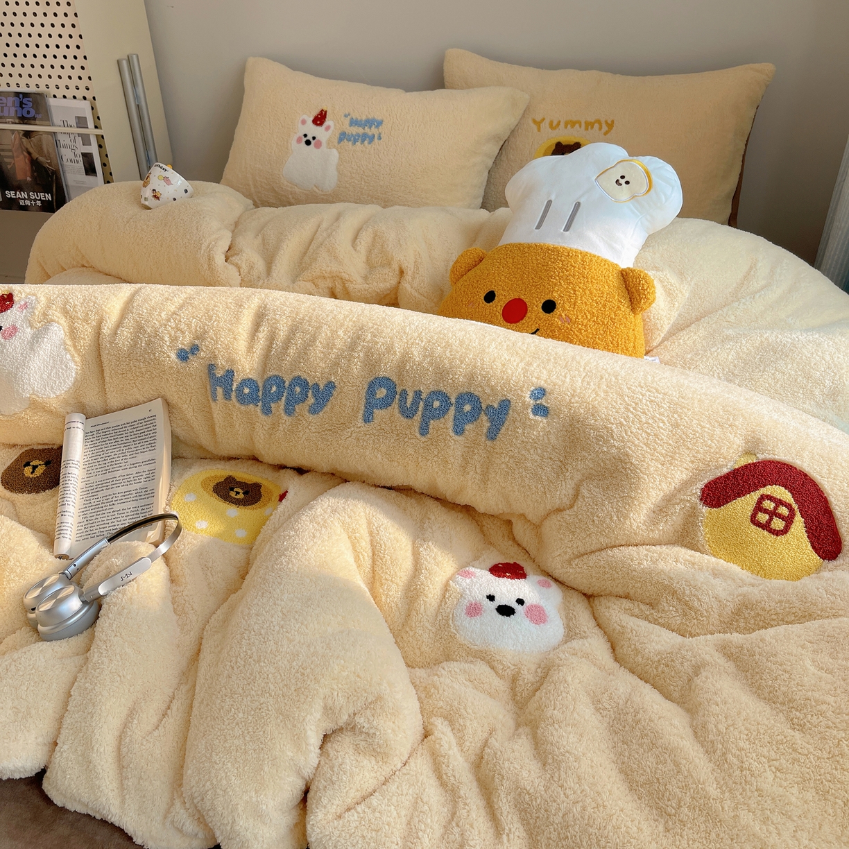 觅糖家纺 2025新款双面泰迪绒卡通毛巾绣系列四件套 奶呼西高地