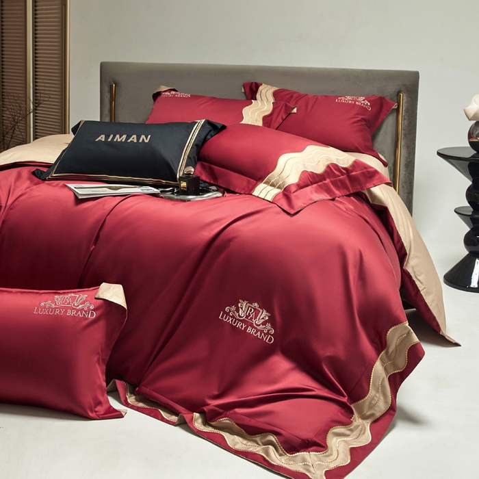 91家纺网 家纺一手货源 找家纺 咏绒家纺工厂店 2025新款100支澳棉纯棉CR工艺极简轻奢刺绣四件套-卡佩拉系列 卡佩拉-千禧红