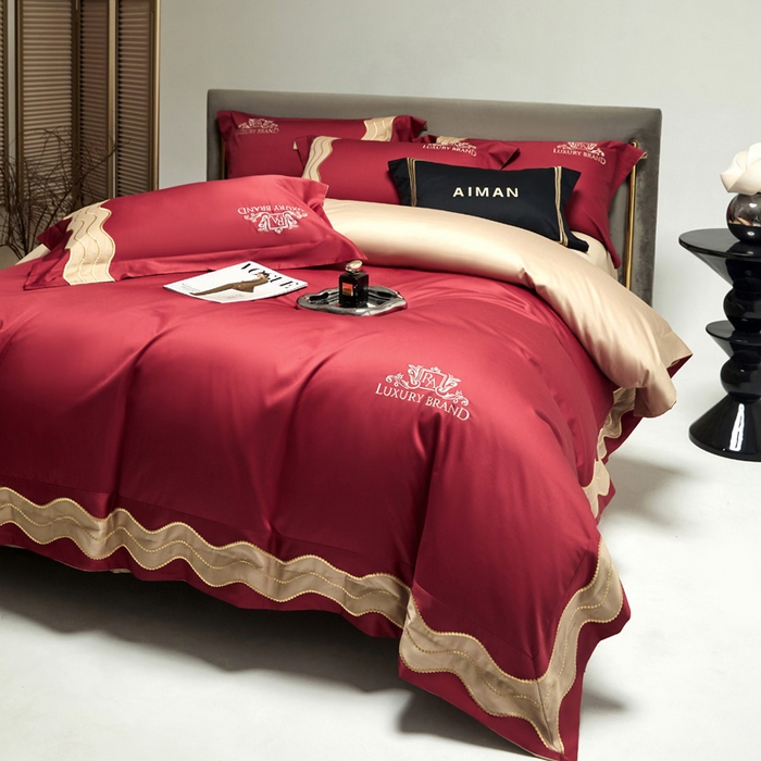 91家纺网 家纺一手货源 找家纺 咏绒家纺工厂店 2025新款100支澳棉纯棉CR工艺极简轻奢刺绣四件套-卡佩拉系列 卡佩拉-千禧红