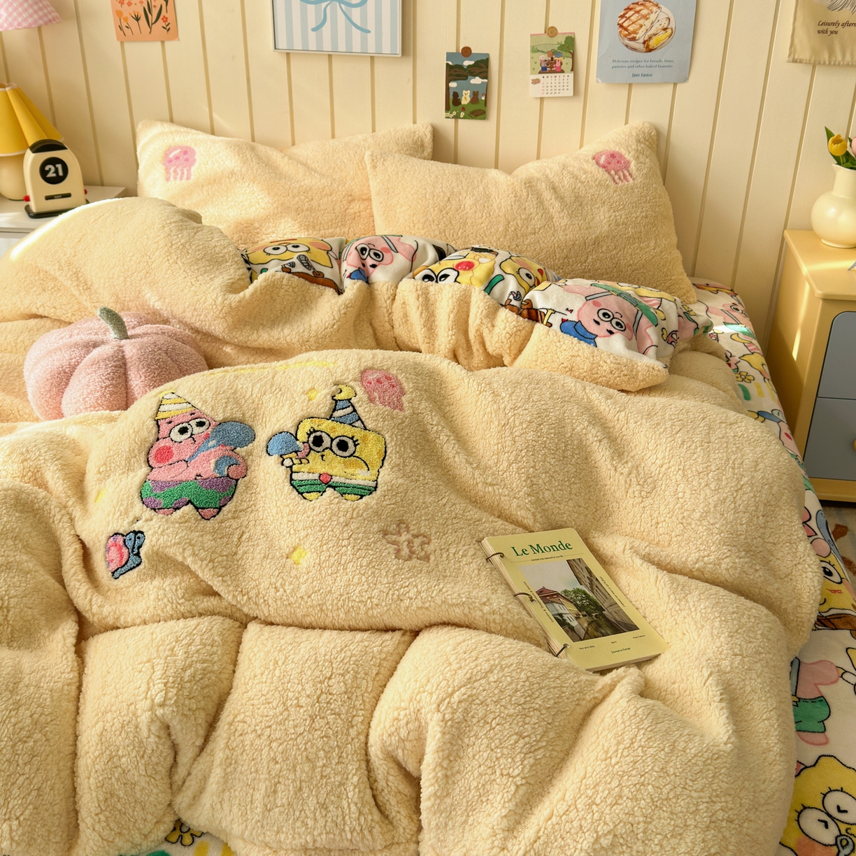 91家纺网 家纺一手货源 找家纺 乐童家纺 2025新款高克重羊羔毛毛巾绣四件套-吹泡泡的海宝黄