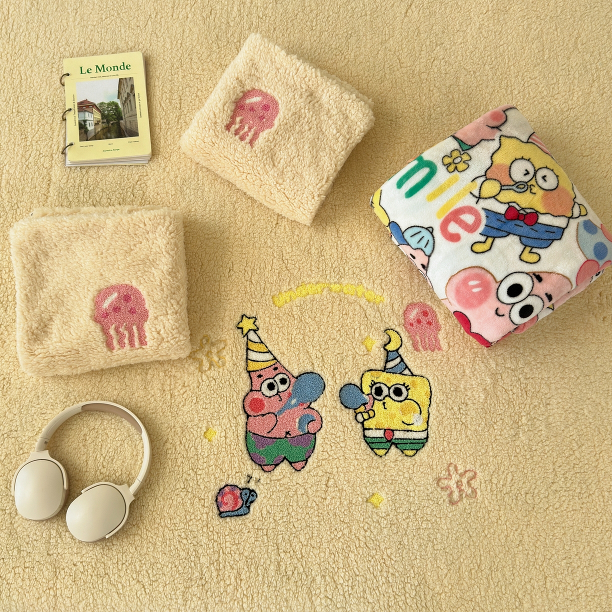 91家纺网 家纺一手货源 找家纺 乐童家纺 2025新款高克重羊羔毛毛巾绣四件套-吹泡泡的海宝黄