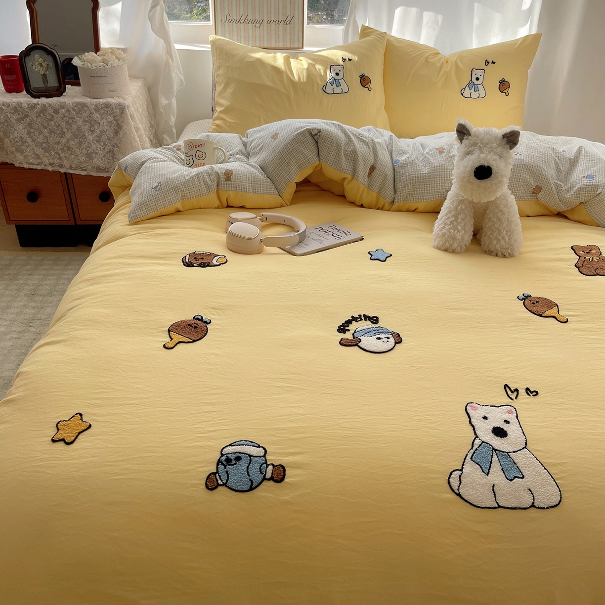 91家纺网 家纺一手货源 找家纺 凯洛奇 2026新款A类卡通豹纹毛巾绣软糯糯水洗棉四件套（提供买家秀） 可爱西高地