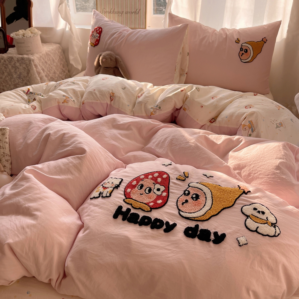 91家纺网 家纺一手货源 找家纺 凯洛奇 2026新款A类卡通豹纹毛巾绣软糯糯水洗棉四件套（提供买家秀） 快乐时光