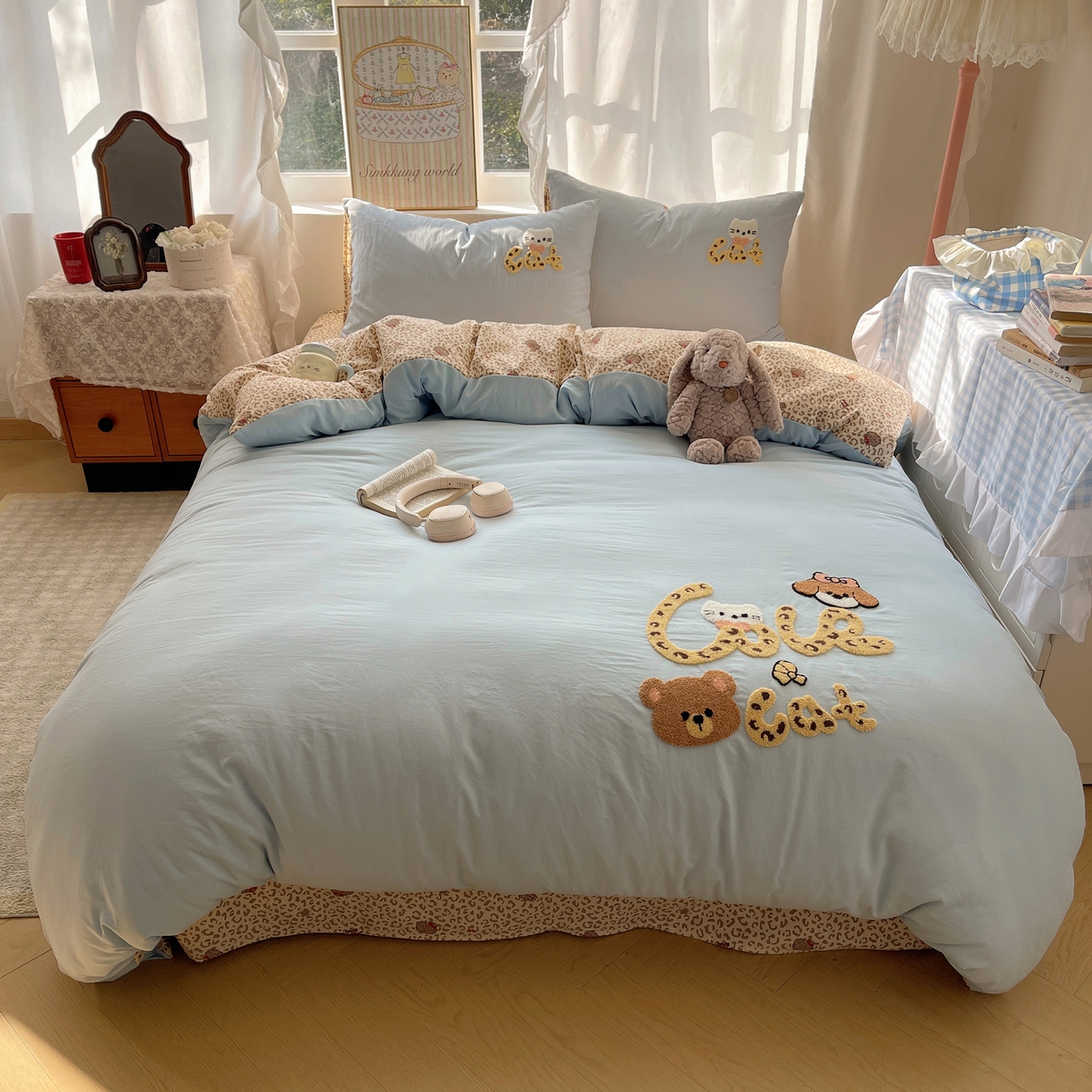 91家纺网 家纺一手货源 找家纺 凯洛奇 2026新款A类卡通豹纹毛巾绣软糯糯水洗棉四件套（提供买家秀） 豹纹萌宠