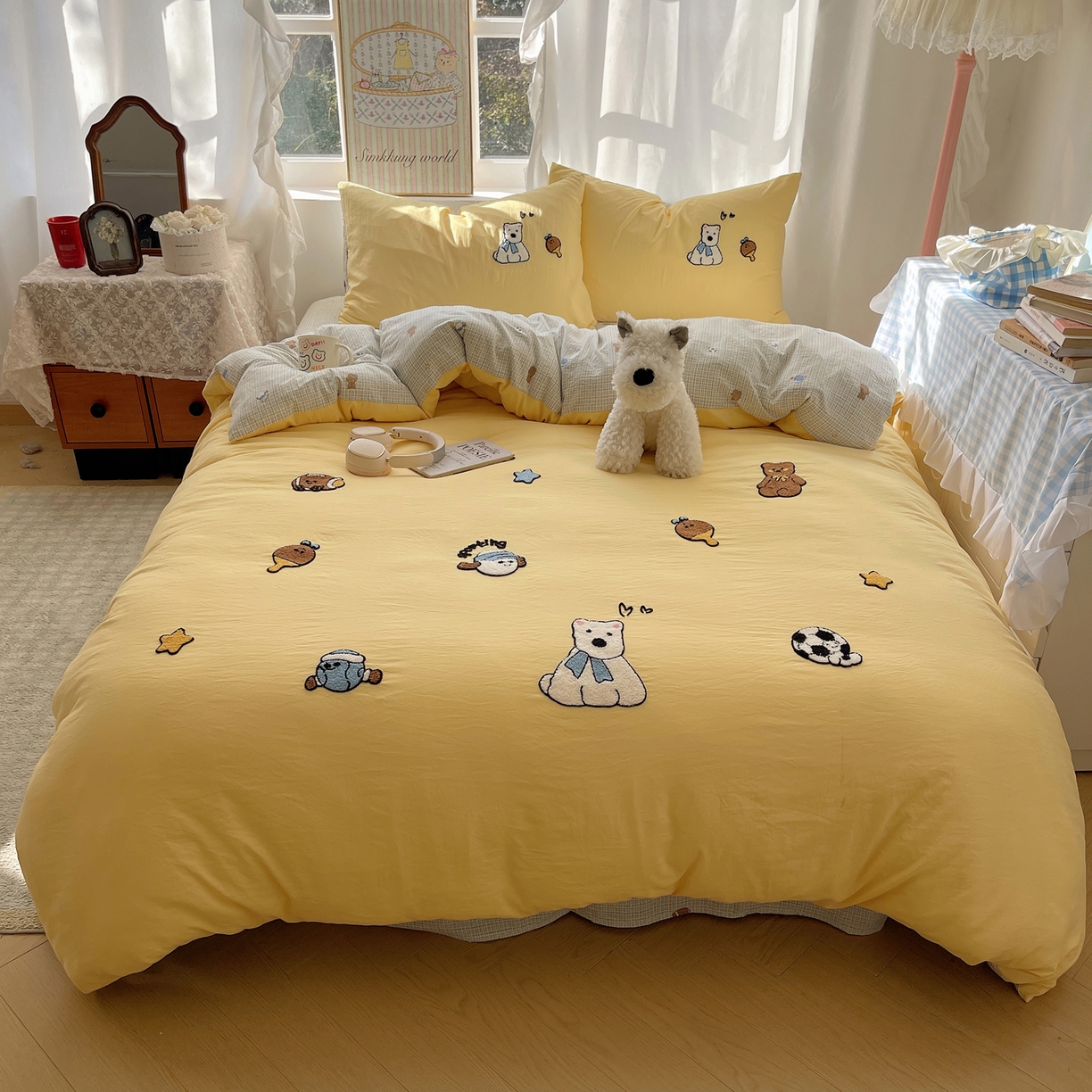 91家纺网 家纺一手货源 找家纺 凯洛奇 2026新款A类卡通豹纹毛巾绣软糯糯水洗棉四件套（提供买家秀） 可爱西高地