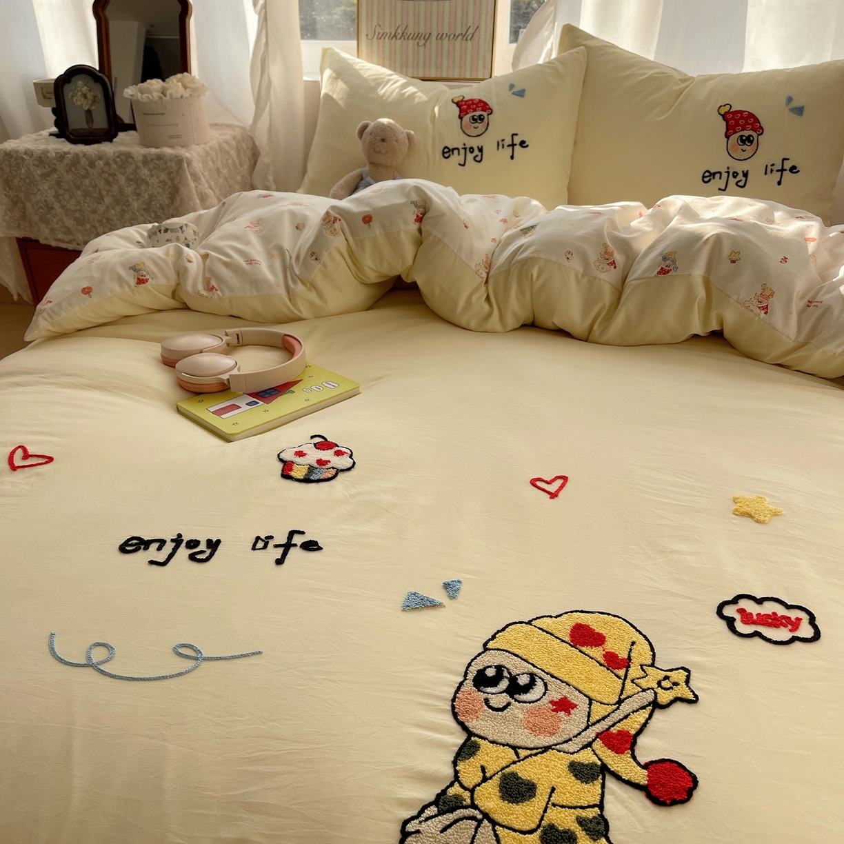 91家纺网 家纺一手货源 找家纺 凯洛奇 2026新款A类卡通豹纹毛巾绣软糯糯水洗棉四件套（提供买家秀） 可爱星星人