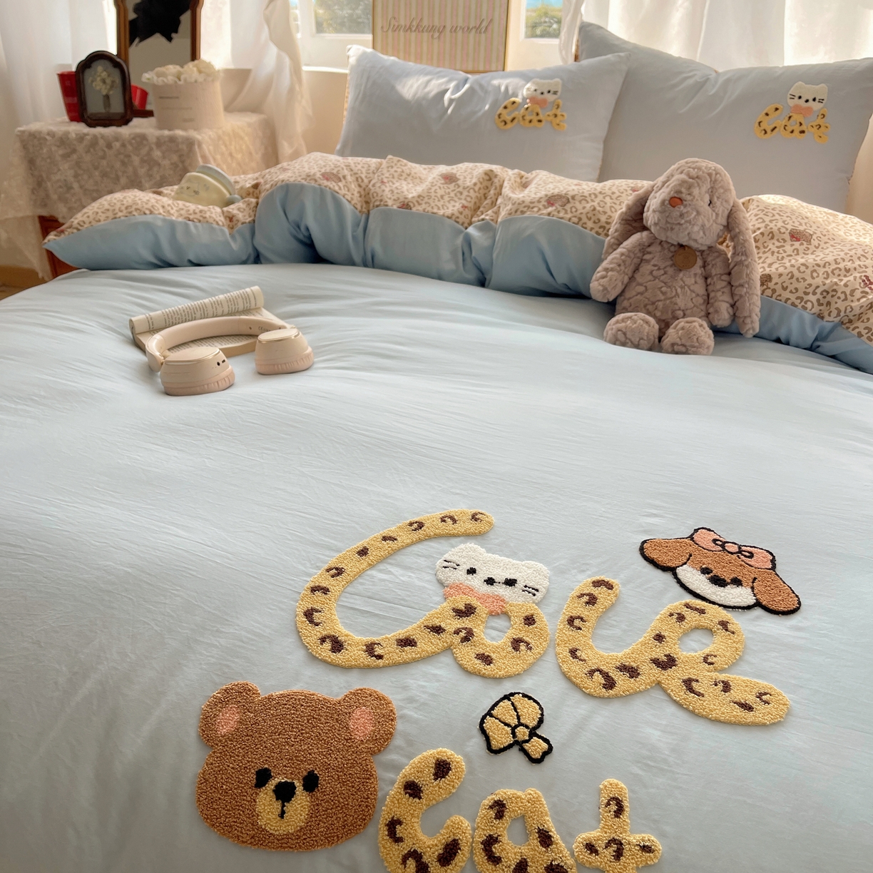 91家纺网 家纺一手货源 找家纺 凯洛奇 2026新款A类卡通豹纹毛巾绣软糯糯水洗棉四件套（提供买家秀） 豹纹萌宠