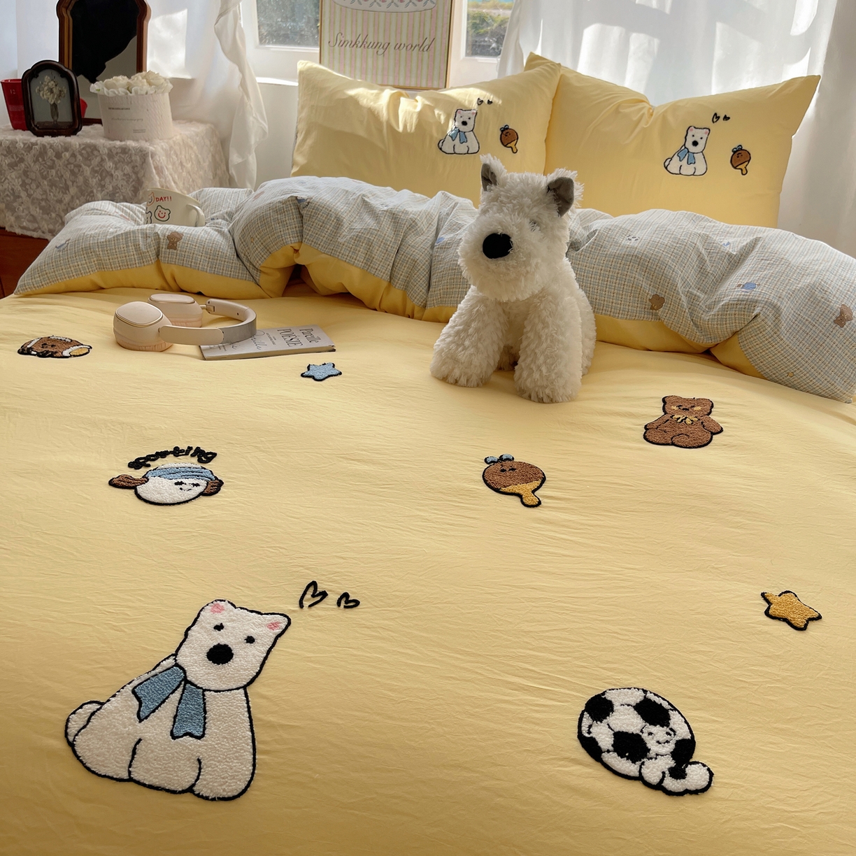 91家纺网 家纺一手货源 找家纺 凯洛奇 2026新款A类卡通豹纹毛巾绣软糯糯水洗棉四件套（提供买家秀） 可爱西高地