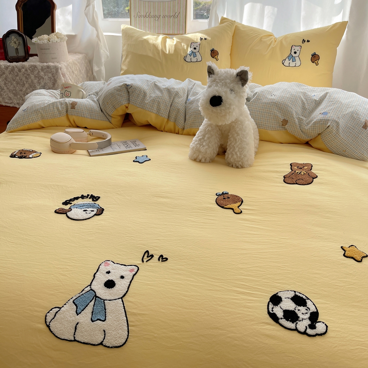 91家纺网 家纺一手货源 找家纺 凯洛奇 2026新款A类卡通豹纹毛巾绣软糯糯水洗棉四件套（提供买家秀） 可爱西高地