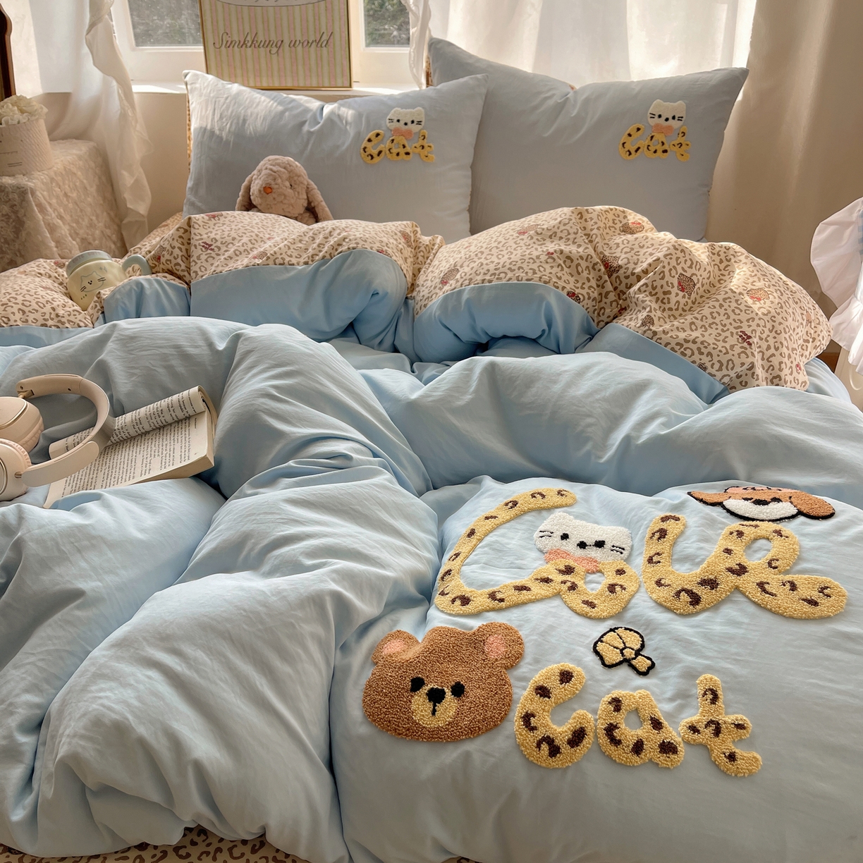 91家纺网 家纺一手货源 找家纺 凯洛奇 2026新款A类卡通豹纹毛巾绣软糯糯水洗棉四件套（提供买家秀） 豹纹萌宠