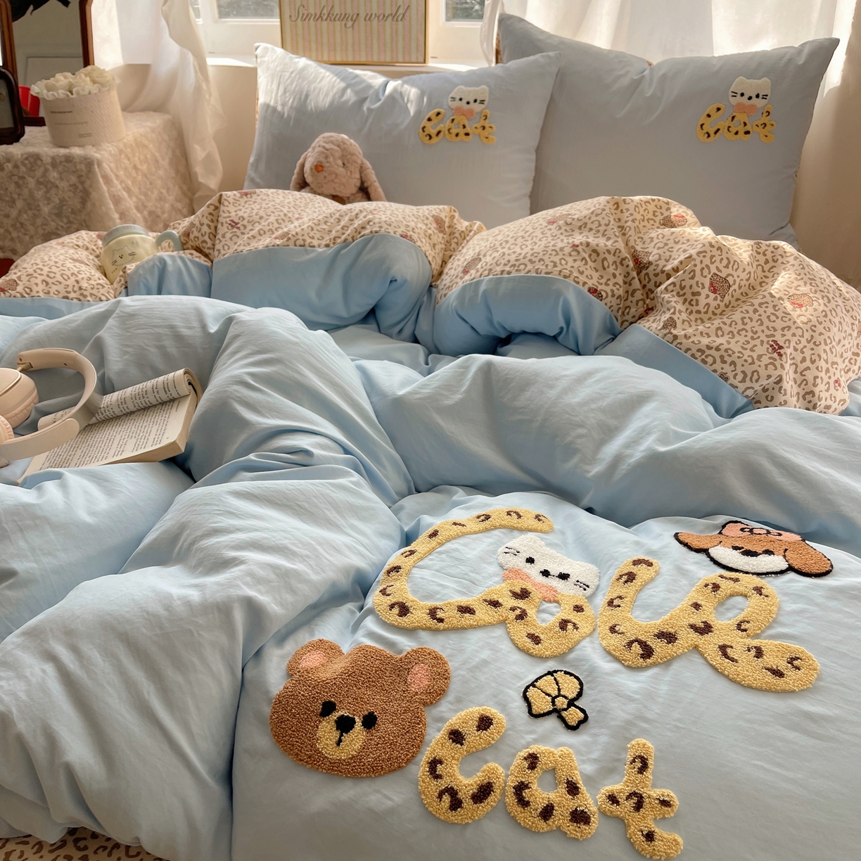 91家纺网 家纺一手货源 找家纺 凯洛奇 2026新款A类卡通豹纹毛巾绣软糯糯水洗棉四件套（提供买家秀） 豹纹萌宠