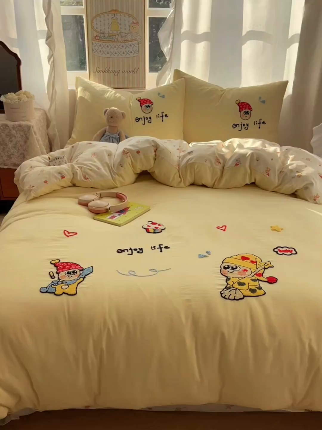 91家纺网 家纺一手货源 找家纺 凯洛奇 2026新款A类卡通豹纹毛巾绣软糯糯水洗棉四件套（提供买家秀） 可爱星星人