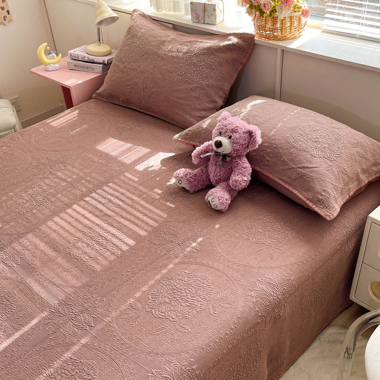 91家纺网 家纺一手货源 找家纺 源舜家纺 2026新款全棉大提花砂洗床盖三件套—花开富贵大圆满系列 圆满-豆沙粉