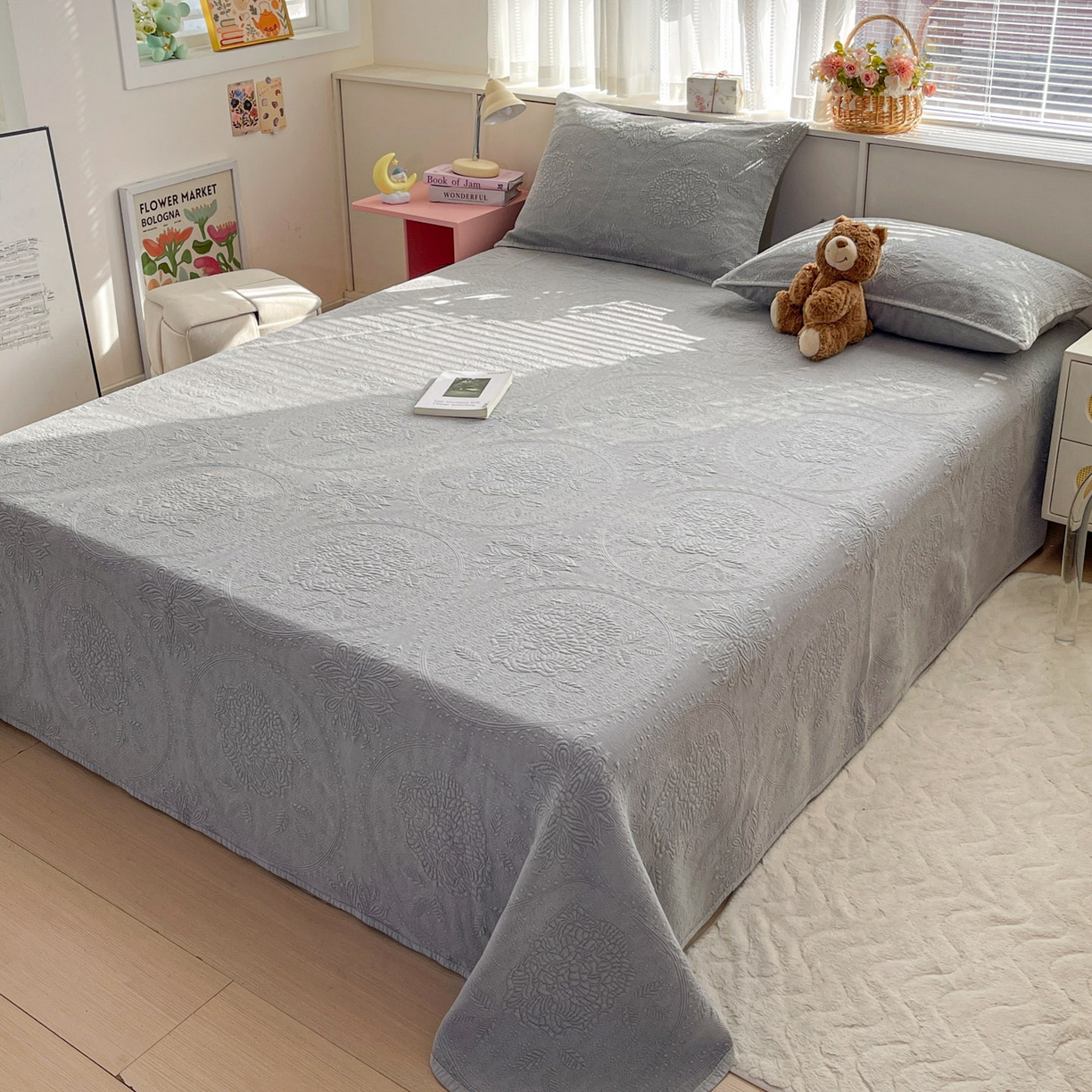 91家纺网 家纺一手货源 找家纺 源舜家纺 2026新款全棉大提花砂洗床盖三件套—花开富贵大圆满系列 圆满-灰