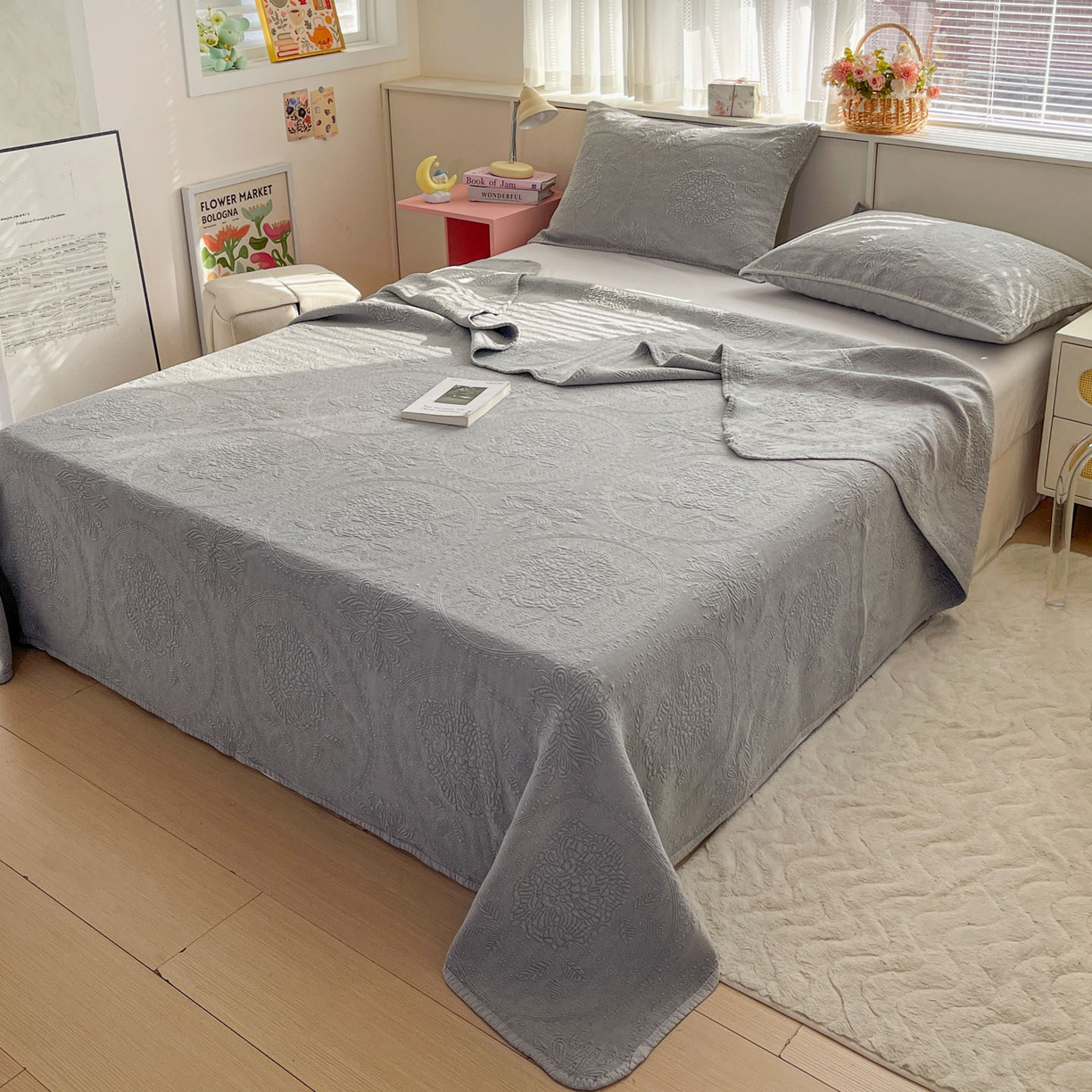 91家纺网 家纺一手货源 找家纺 源舜家纺 2026新款全棉大提花砂洗床盖三件套—花开富贵大圆满系列 圆满-灰