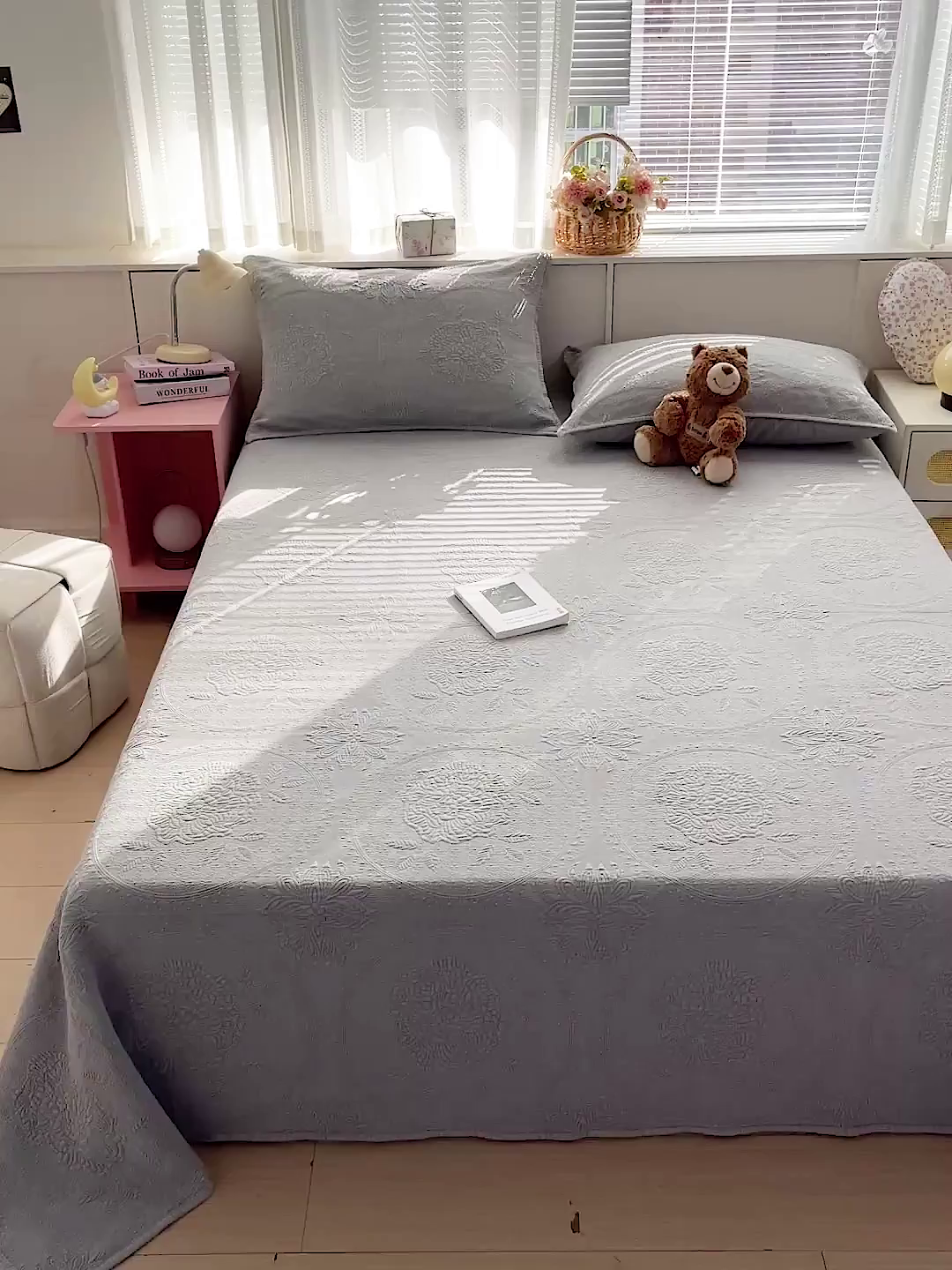 91家纺网 家纺一手货源 找家纺 源舜家纺 2026新款全棉大提花砂洗床盖三件套—花开富贵大圆满系列 圆满-灰