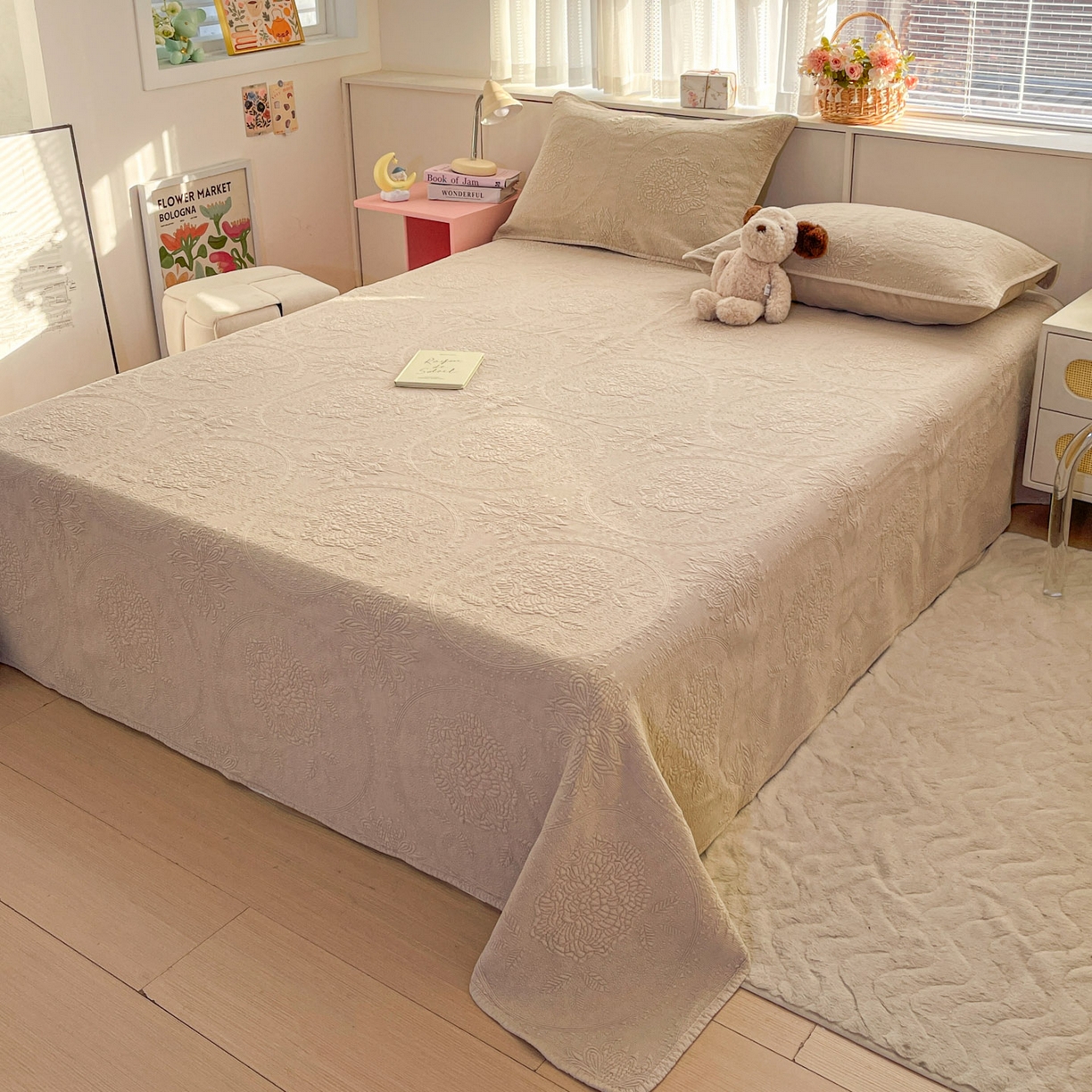 91家纺网 家纺一手货源 找家纺 源舜家纺 2026新款全棉大提花砂洗床盖三件套—花开富贵大圆满系列 圆满-卡