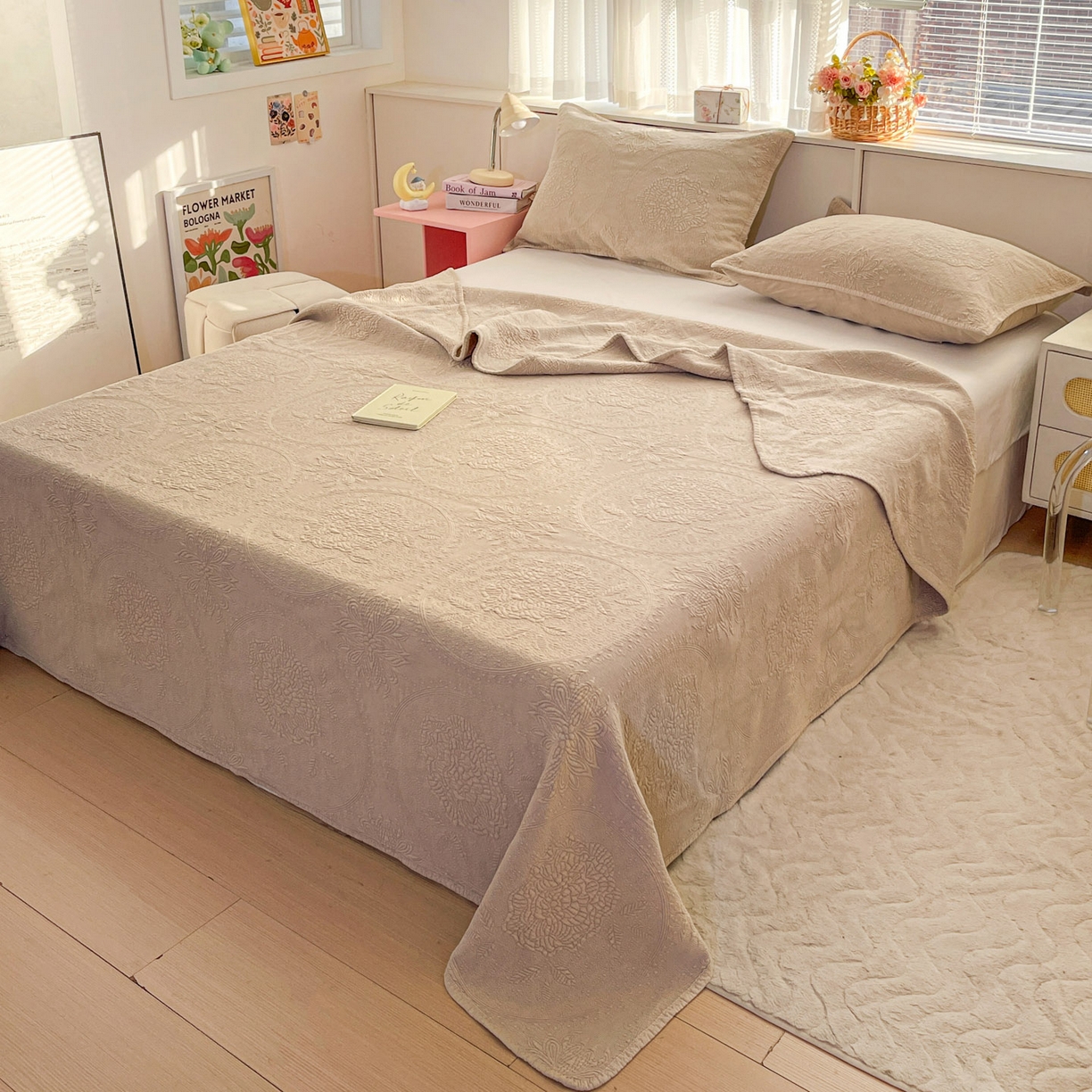 91家纺网 家纺一手货源 找家纺 源舜家纺 2026新款全棉大提花砂洗床盖三件套—花开富贵大圆满系列 圆满-卡