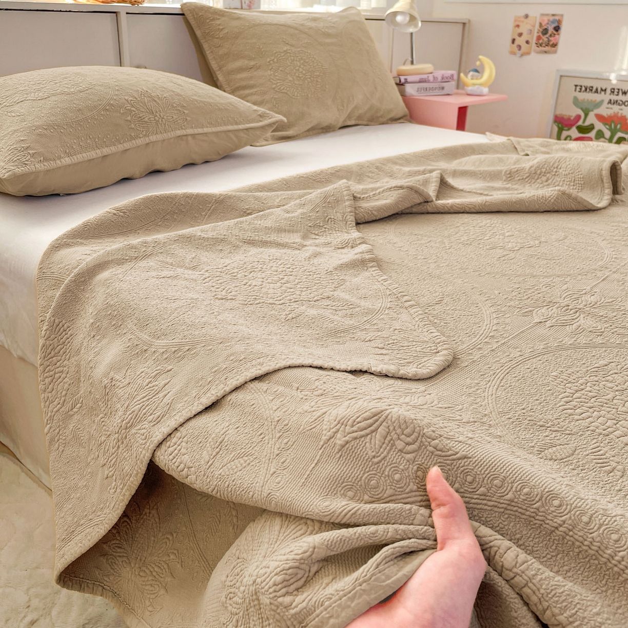 91家纺网 家纺一手货源 找家纺 源舜家纺 2026新款全棉大提花砂洗床盖三件套—花开富贵大圆满系列 圆满-卡