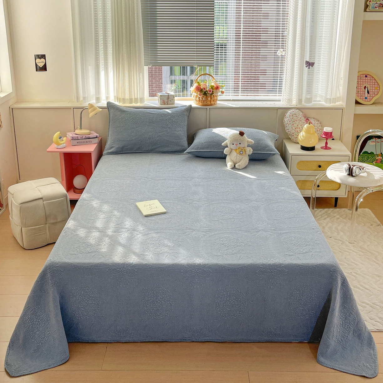 91家纺网 家纺一手货源 找家纺 源舜家纺 2026新款全棉大提花砂洗床盖三件套—花开富贵大圆满系列 圆满-蓝