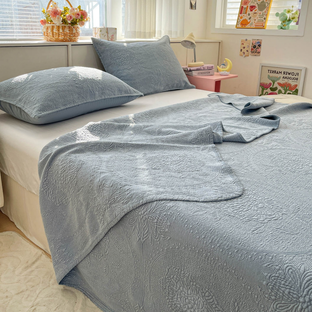 91家纺网 家纺一手货源 找家纺 源舜家纺 2026新款全棉大提花砂洗床盖三件套—花开富贵大圆满系列 圆满-蓝