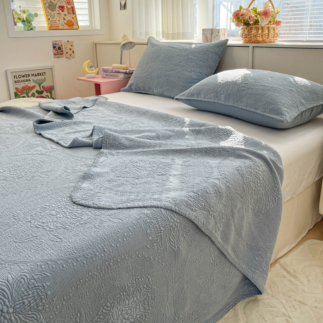 91家纺网 家纺一手货源 找家纺 源舜家纺 2026新款全棉大提花砂洗床盖三件套—花开富贵大圆满系列 圆满-蓝