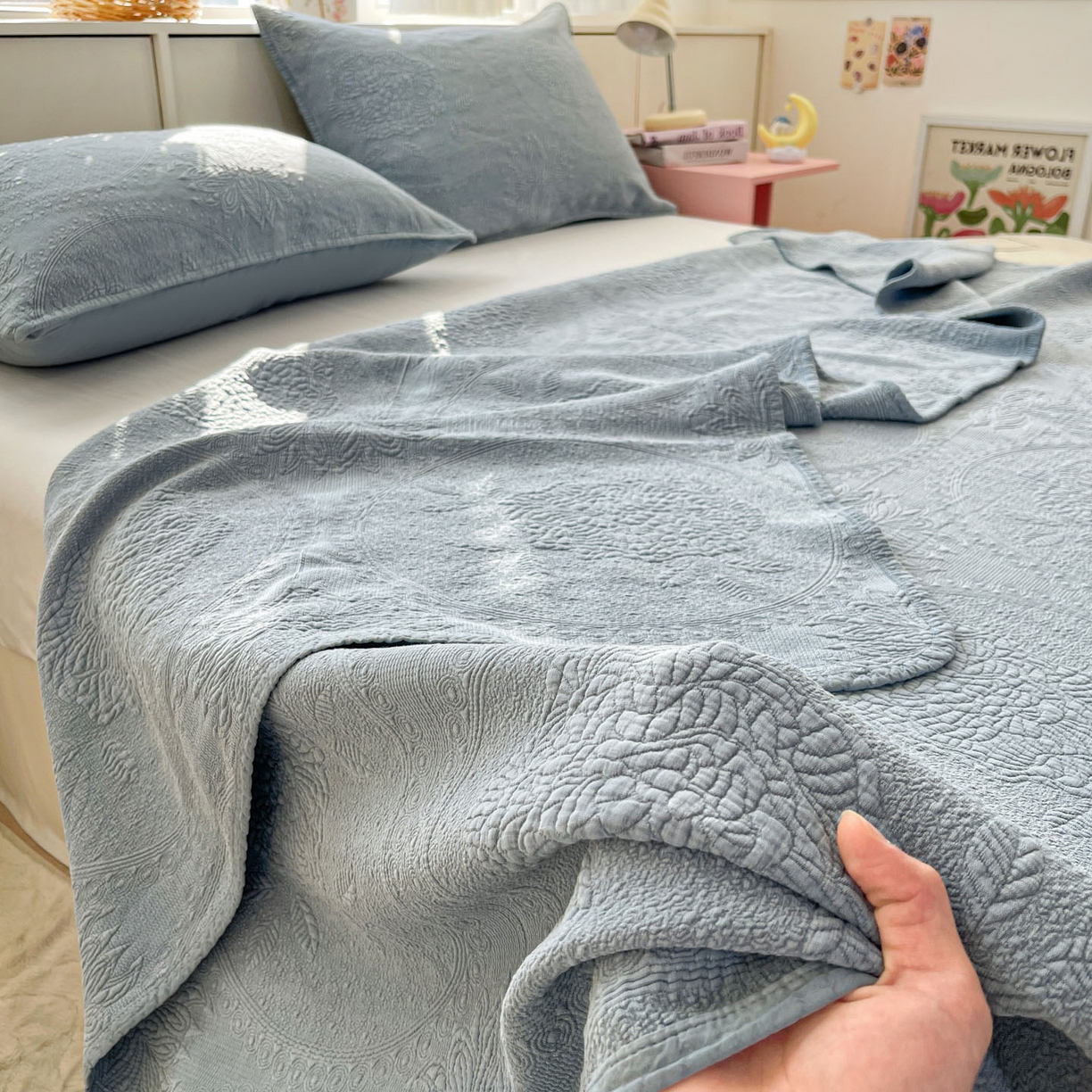 91家纺网 家纺一手货源 找家纺 源舜家纺 2026新款全棉大提花砂洗床盖三件套—花开富贵大圆满系列 圆满-蓝