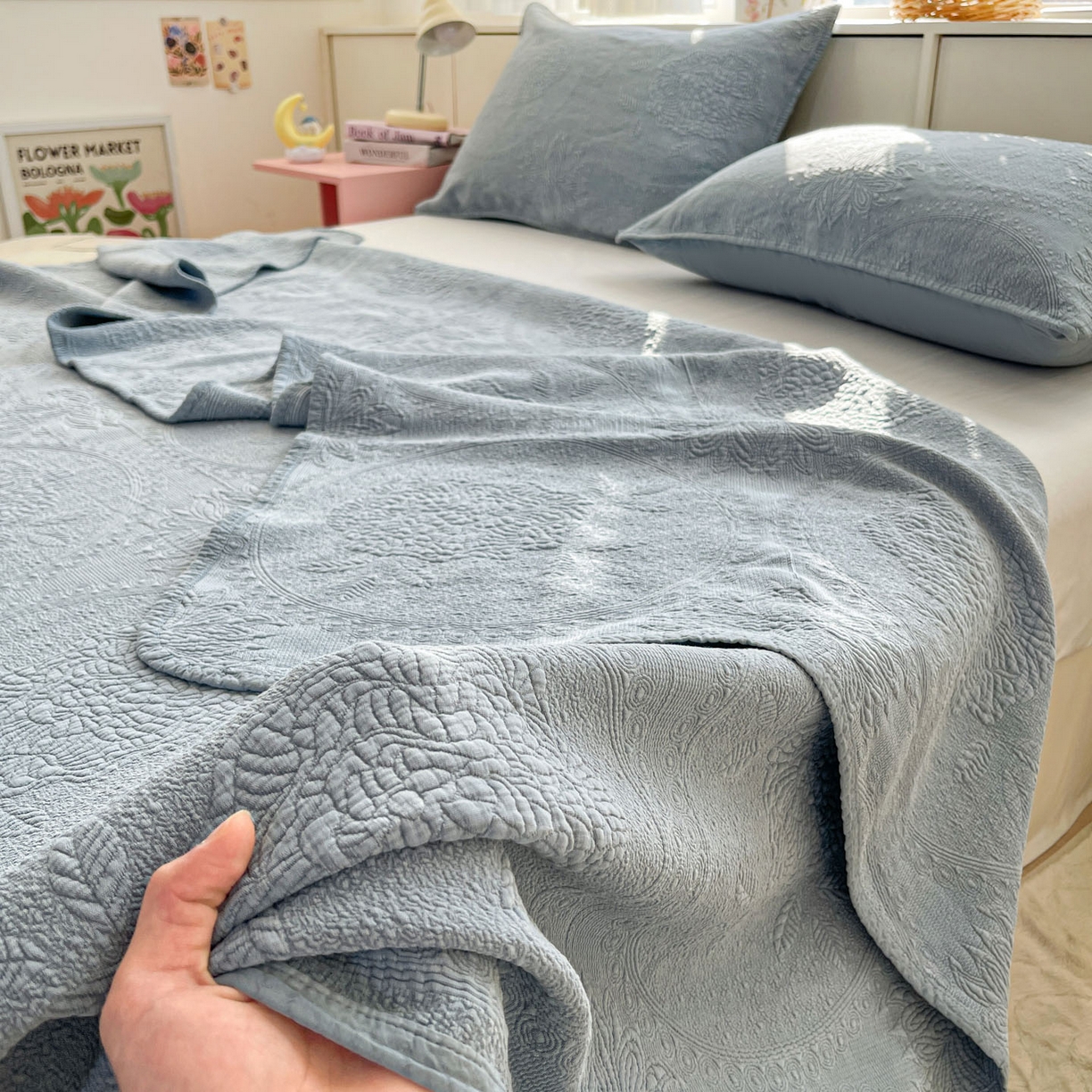 91家纺网 家纺一手货源 找家纺 源舜家纺 2026新款全棉大提花砂洗床盖三件套—花开富贵大圆满系列 圆满-蓝