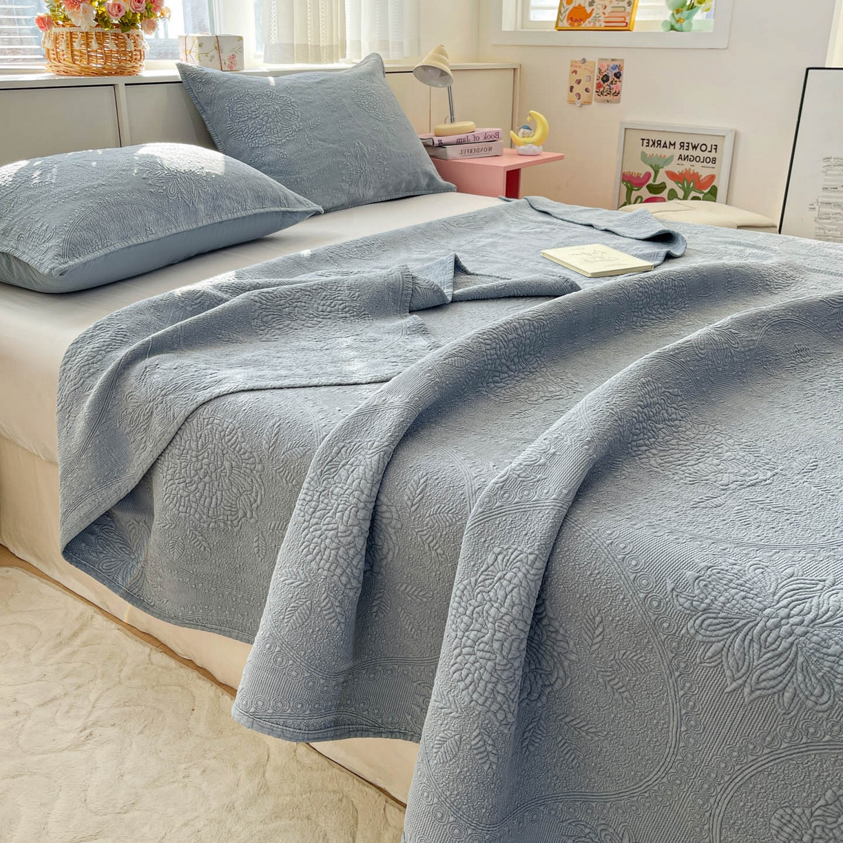 91家纺网 家纺一手货源 找家纺 源舜家纺 2026新款全棉大提花砂洗床盖三件套—花开富贵大圆满系列 圆满-蓝