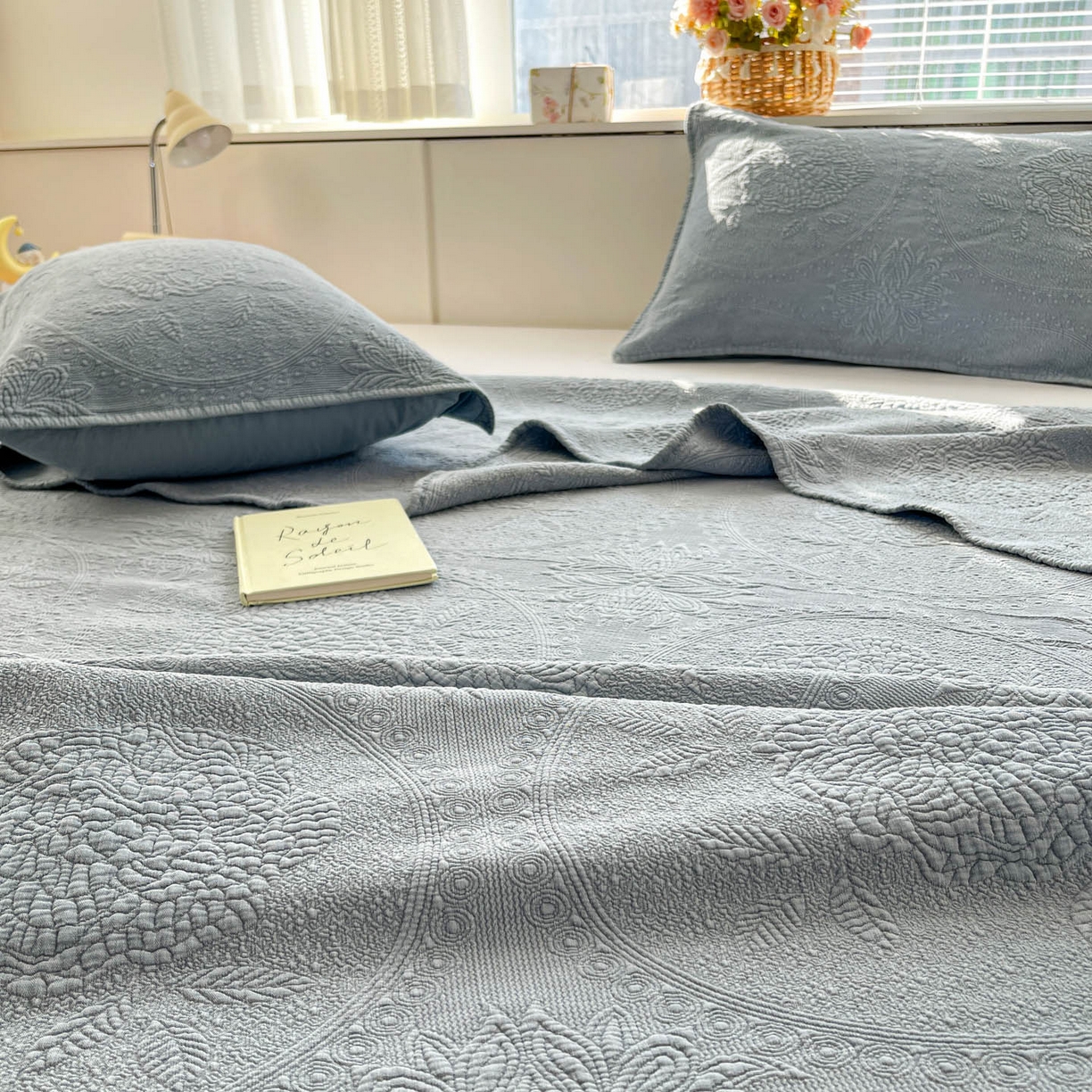 91家纺网 家纺一手货源 找家纺 源舜家纺 2026新款全棉大提花砂洗床盖三件套—花开富贵大圆满系列 圆满-蓝