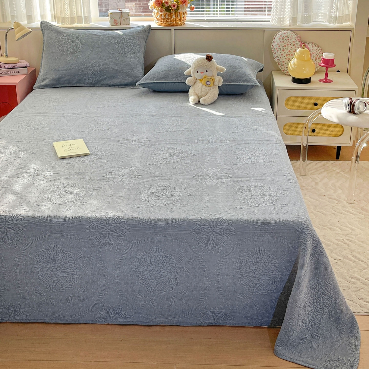 91家纺网 家纺一手货源 找家纺 源舜家纺 2026新款全棉大提花砂洗床盖三件套—花开富贵大圆满系列 圆满-蓝