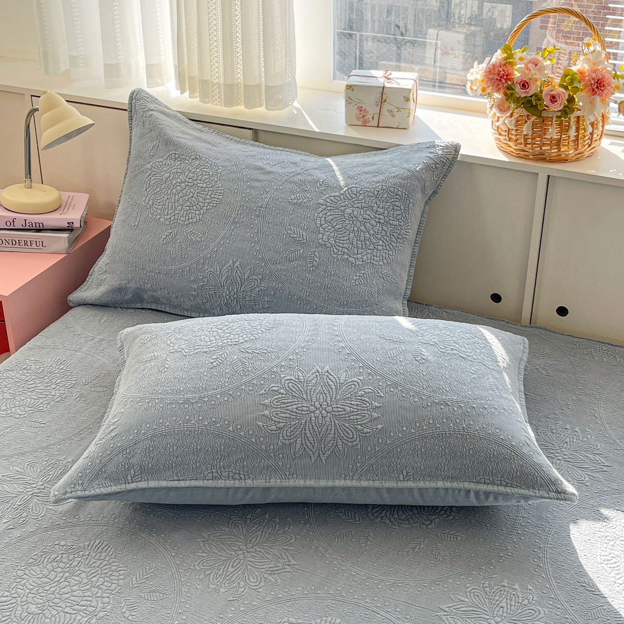 91家纺网 家纺一手货源 找家纺 源舜家纺 2026新款全棉大提花砂洗床盖三件套—花开富贵大圆满系列 圆满-蓝