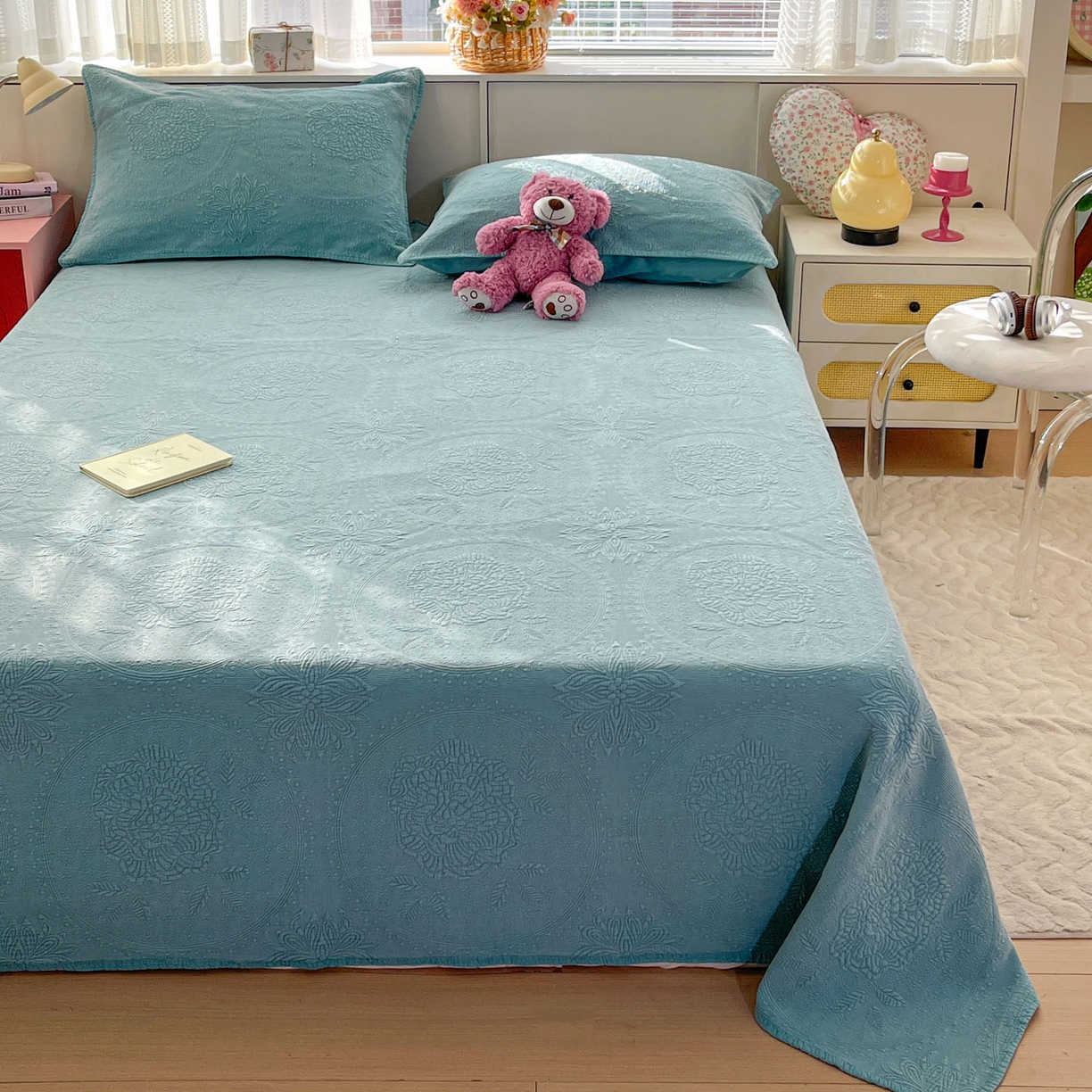 91家纺网 家纺一手货源 找家纺 源舜家纺 2026新款全棉大提花砂洗床盖三件套—花开富贵大圆满系列 圆满-绿