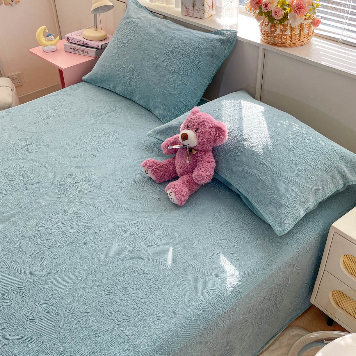 91家纺网 家纺一手货源 找家纺 源舜家纺 2026新款全棉大提花砂洗床盖三件套—花开富贵大圆满系列 圆满-绿