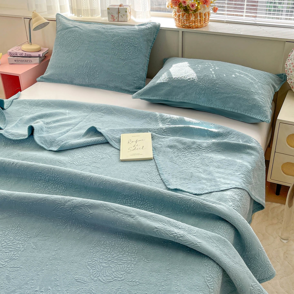 91家纺网 家纺一手货源 找家纺 源舜家纺 2026新款全棉大提花砂洗床盖三件套—花开富贵大圆满系列 圆满-绿