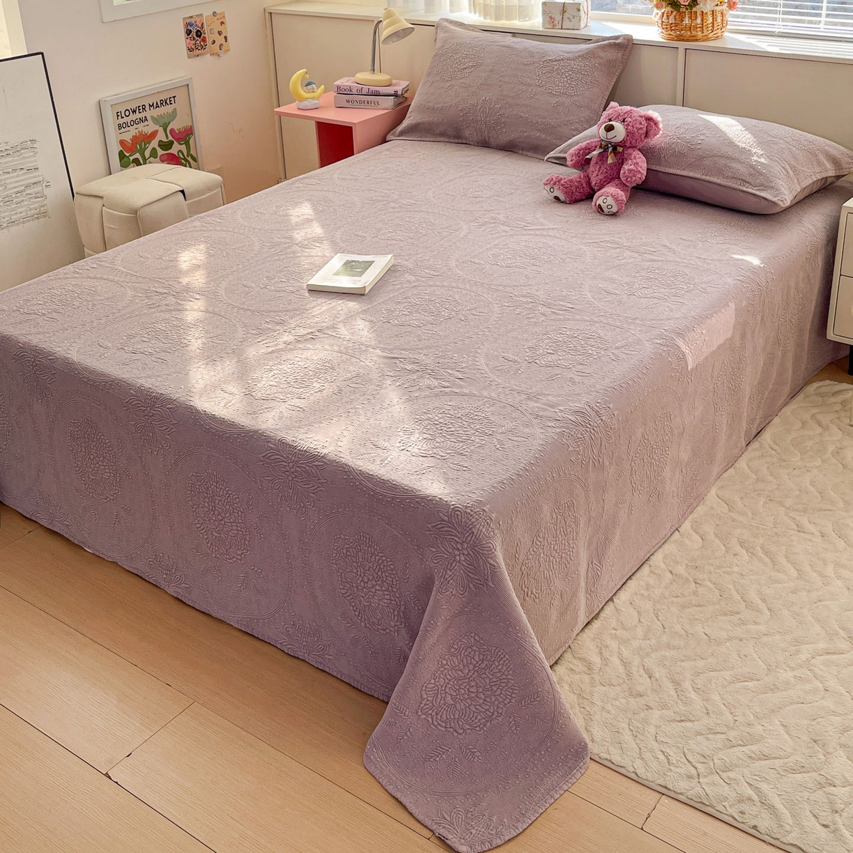 91家纺网 家纺一手货源 找家纺 源舜家纺 2026新款全棉大提花砂洗床盖三件套—花开富贵大圆满系列 圆满-紫