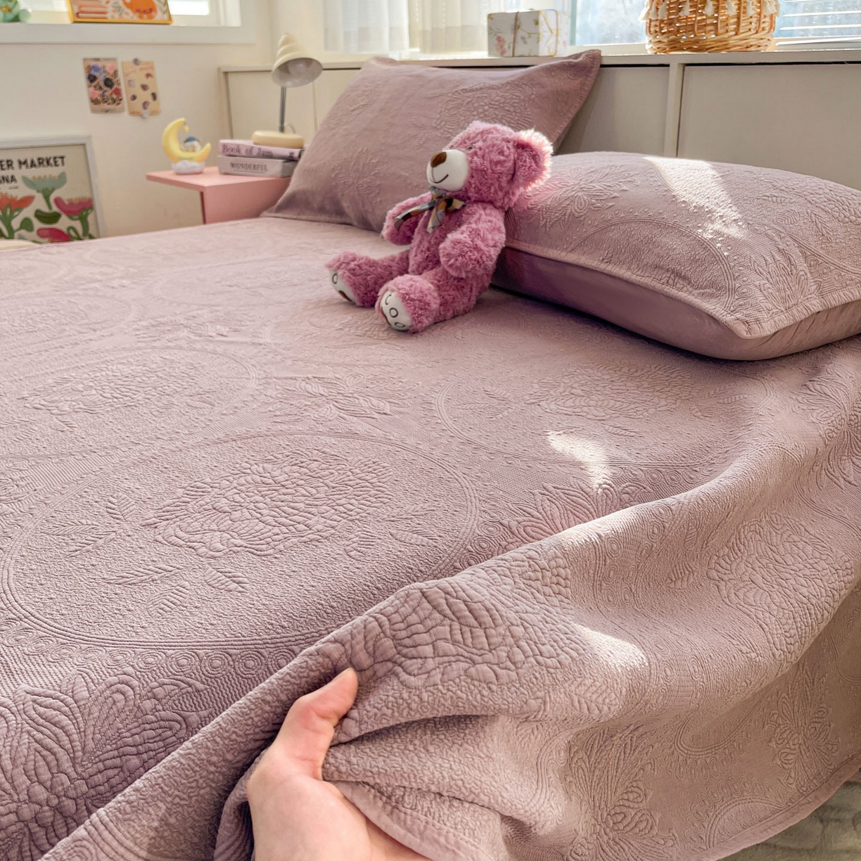 91家纺网 家纺一手货源 找家纺 源舜家纺 2026新款全棉大提花砂洗床盖三件套—花开富贵大圆满系列 圆满-紫