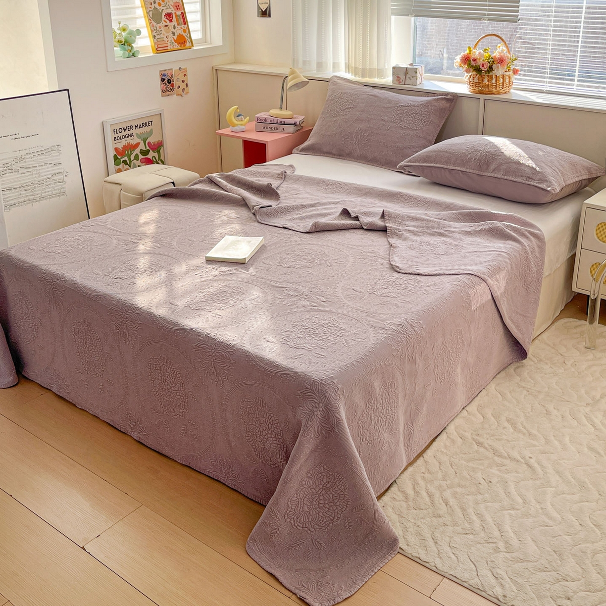 91家纺网 家纺一手货源 找家纺 源舜家纺 2026新款全棉大提花砂洗床盖三件套—花开富贵大圆满系列 圆满-紫
