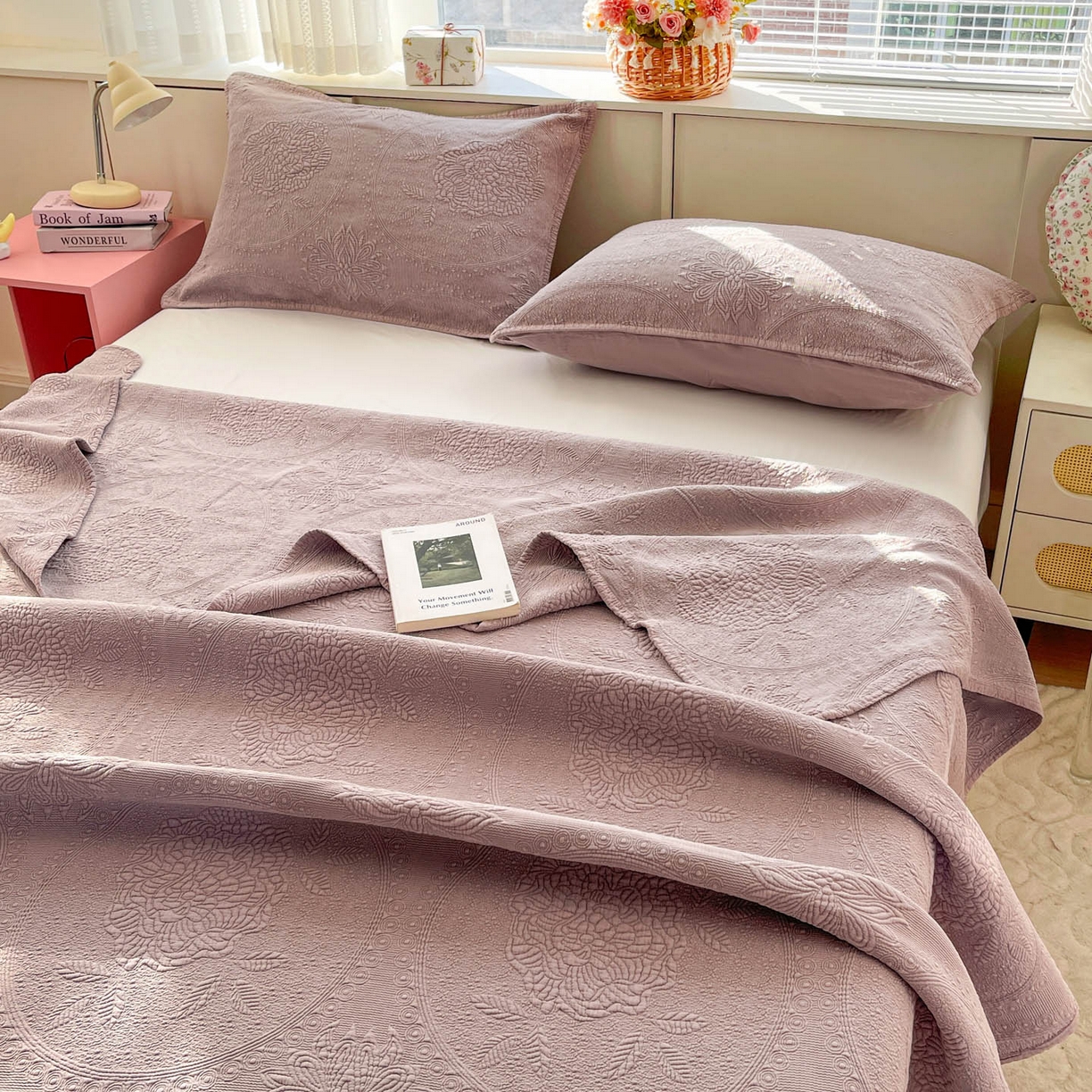 91家纺网 家纺一手货源 找家纺 源舜家纺 2026新款全棉大提花砂洗床盖三件套—花开富贵大圆满系列 圆满-紫