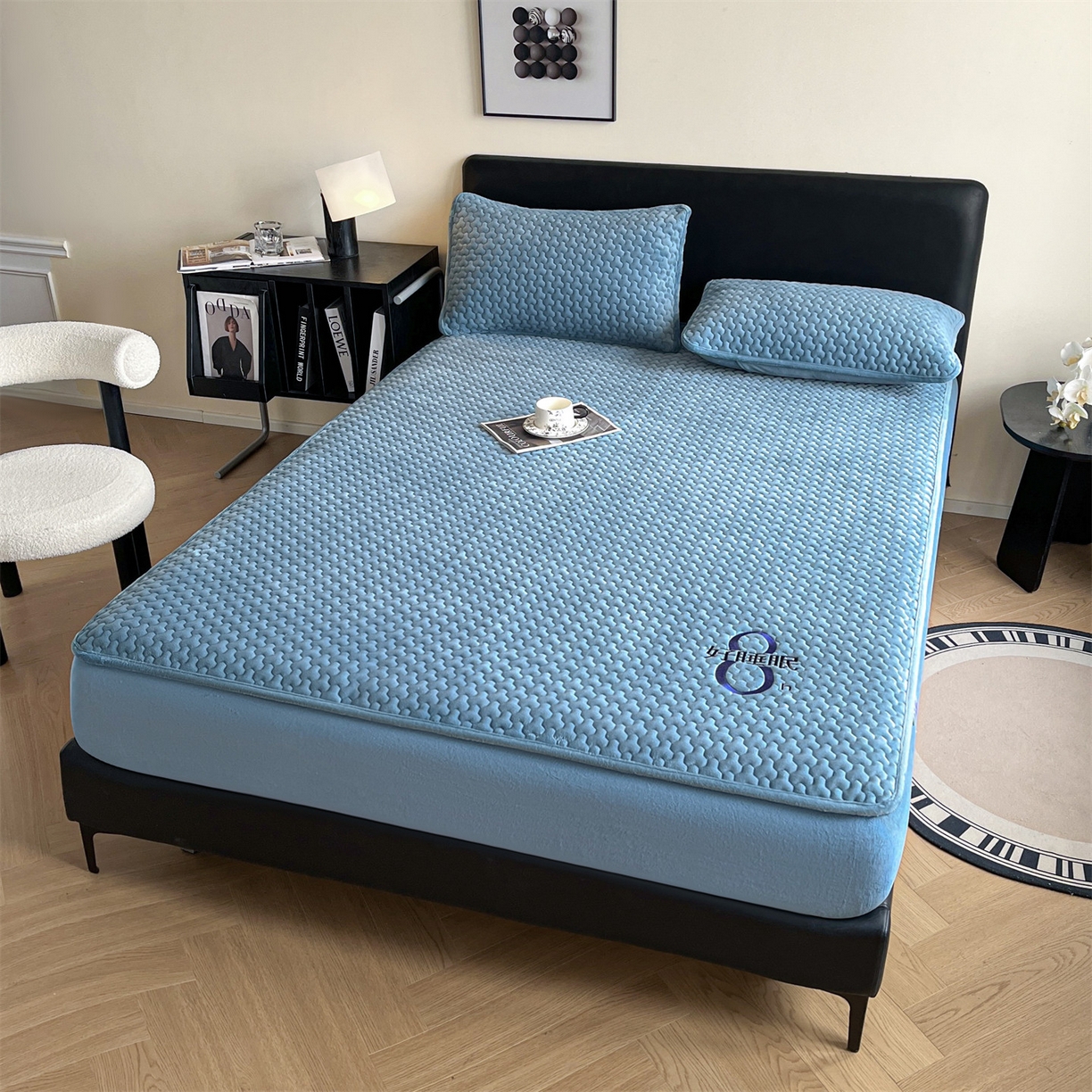 91家纺网 家纺一手货源 找家纺 居眠 2025新款绒-时安-牛奶绒夹棉床笠 绒-时安-蓝