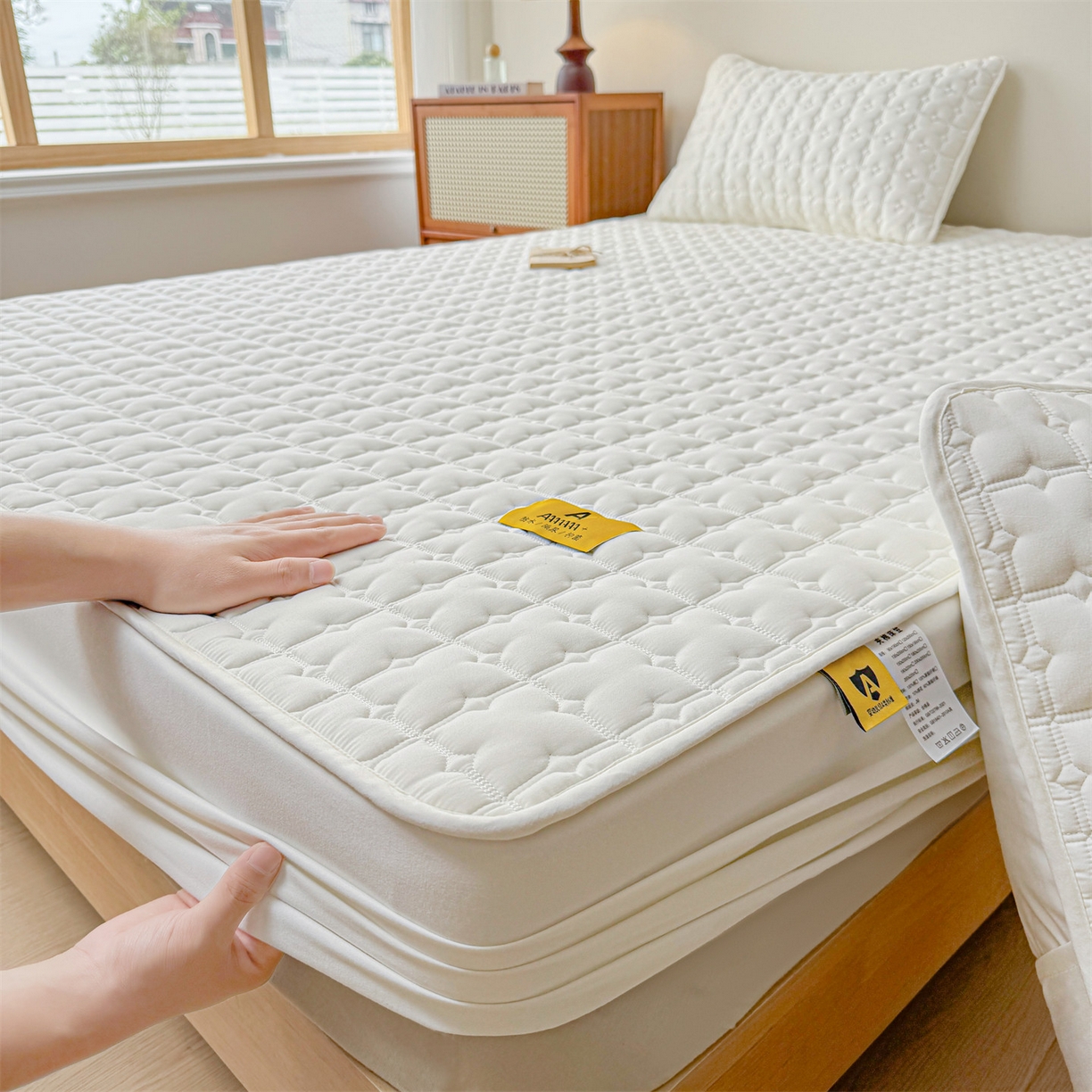 91家纺网 家纺一手货源 找家纺 居眠 2025新款星禾-防水夹棉棉花床笠 星禾-白